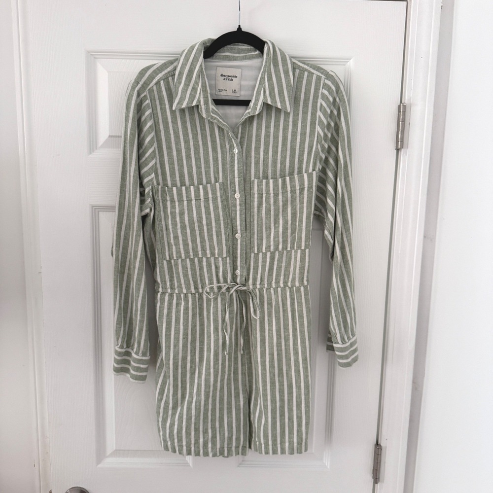 Abercrombie & Fitch Green and White Striped Button-Up Romper